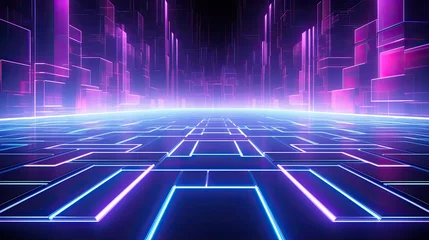 Tuinposter 3d technology abstract neon light background, empty space scene, spotlight, dark night, virtual reality, cyber futuristic sci-fi background, street floor studio for mock up. colored geometric © Anwar