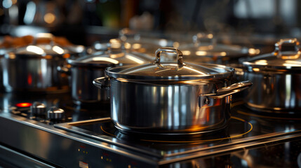 Stainless steel pots on a modern stove top, precision cookware aligned for culinary preparation