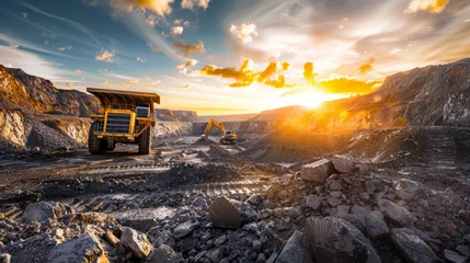 Fotobehang Mining Site with Heavy Machinery at Sunset, Excavator and Dump Truck in Operation © thanakrit