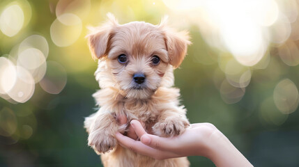 Young puppy with expressive eyes held in hands against a soft bokeh light background