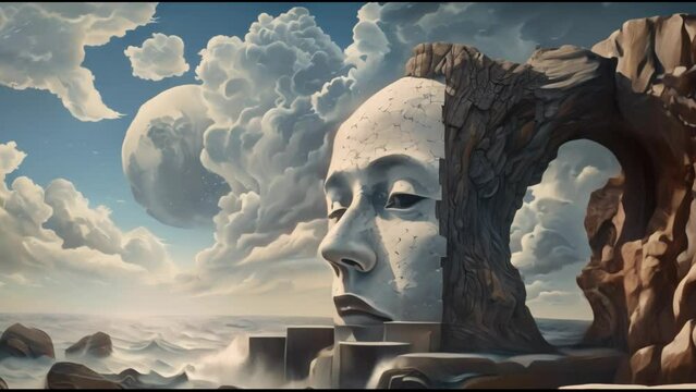 Surrealism. Sculpture of a head with a face, architecture and sea