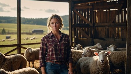 Happy farmer woman in plaid shirt with sheep in barn on farm