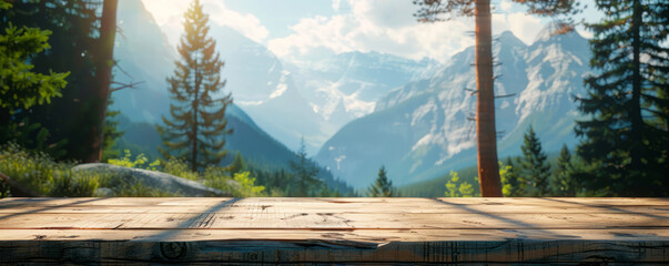 Empty Wooden Table with Majestic Mountain Range and Autumn Trees in Soft Focus Background - obrazy, fototapety, plakaty
