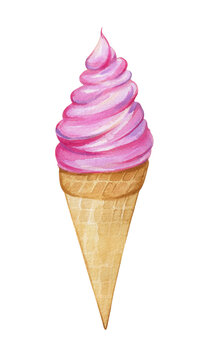 Watercolor illustration of pink ice cream in a cone. Cold dessert pink ice cream with berry, strawberry and cherry flavors. Design and packaging. Delicious sweet food, sweetness, yummy.