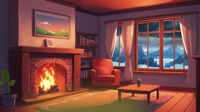 Cozy room with fireplace, rain thunderstorm outside the window, evening, vector style, looped lo-fi video