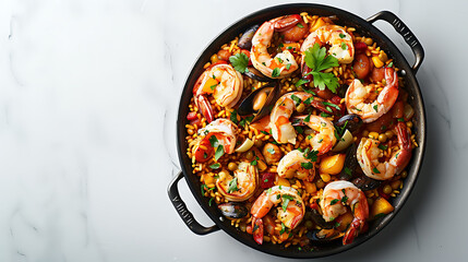 Seafood paella with shrimp, mussels, and mixed vegetables, seasoned with herbs and spices, presented on a white background with copy space. Overhead view of traditional Spanish cuisine for design and 
