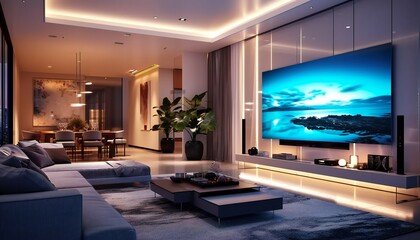 Modern Living Room with Large TV and Ocean View