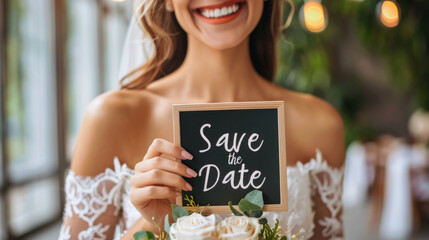 Wedding invitation concept image with bride holding a save the date sign