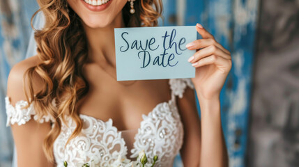 Wedding invitation concept image with bride holding a save the date sign