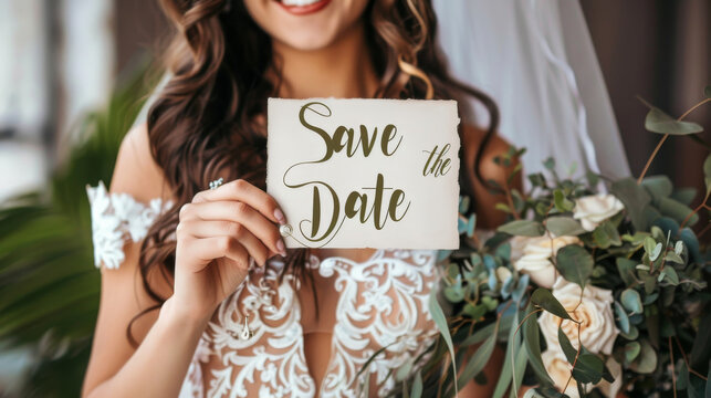 Wedding invitation concept image with bride holding a save the date sign