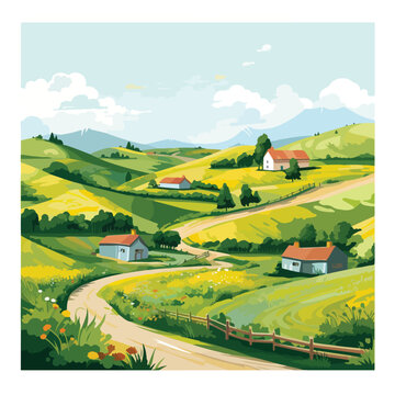 A serene countryside landscape with rolling hills w