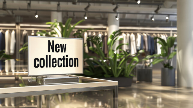 New collection sign in front of a fashionable clothing display with many clothes in a store