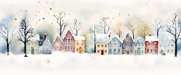 Winter city houses with trees and snowflakes horizontal banner, simple watercolor illustration