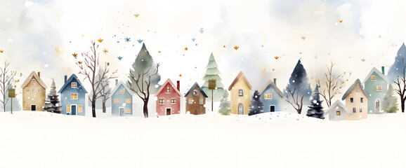 Winter city houses with trees and snowflakes horizontal banner, simple watercolor illustration