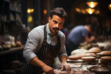 Foto op Aluminium A hipster artisanal baker passionately kneading sourdough in a warm, rustic kitchen, embodying the essence of traditional, handcrafted bread making. © anwel
