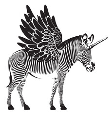 Fototapeta premium vector drawing of a zebra unicorn animal with wings like a pegasus horse on black background. suitable for logo or symbol