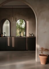 Contemporary kitchen with a matte freestanding counter, polished concrete floor, flanked by terracotta planter. warm ambient light and candlelight. earthy tones and texture. generative AI