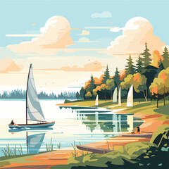 A serene lakeside scene with sailboats paddleboards - obrazy, fototapety, plakaty