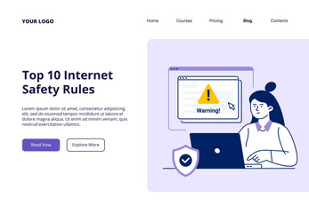 Internet cyber security. A female character uses a firewall to secure the network from cyberattacks. Vector flat illustration for web page, banner, or promo.