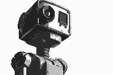 1988 Mac style pixel art simple intelligent robot head in greyscale white background. - obrazy, fototapety, plakaty