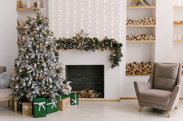 New Year's decor, a white room with a fireplace decorated for Christmas