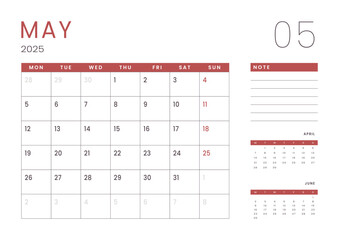 Monthly page Calendar Planner Templates of May 2025. Vector layout of simple calendar with week start Monday for print. Page for size A4 or 21x29.7 cm