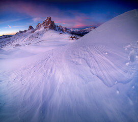Ra Gusela peak, a place near the village Cortina d'Ampezzo, Dolomites, Italy. Frosty morning at...