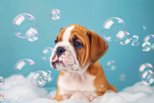 Cute Bulldog Puppy Sitting in Bath, Chewing on Soap Bubbles. dog is sitting in a bathtub filled with bubbles. The bubbles are floating around the dog, creating a playful and fun atmosphere. liquid