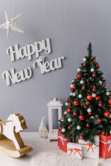 Christmas decor, happy New Year inscription on a gray background