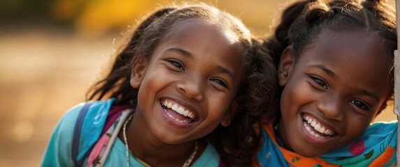 Fototapeta premium National siblings Day. Black children smiling happily.