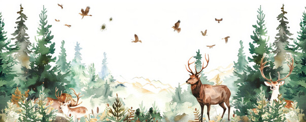 A majestic deer gracefully standing amidst lush green trees in a mystical forest, surrounded by...