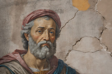 Alte Wand als Leinwand mit dem Apostel Petrus gemalt, altes Gemälde, Rissig, Ausgewaschen, der Putz bröckelt ab, das Porträt ist wie die Wand gerissen.