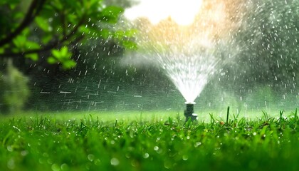 Lawn Sprinkler Watering Green Grass in Sunlight - obrazy, fototapety, plakaty