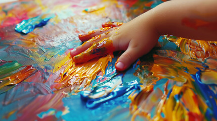 Creative child painting close-up on hands