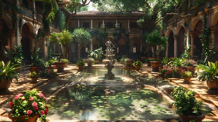 a Western-style courtyard garden, with elegant stone paving, cascading ivy, and classical statuary, rendered in cinematic 16k detail. - obrazy, fototapety, plakaty