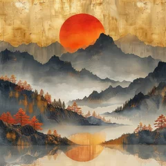 Fotobehang Artwork background. Modern landscape painting, Chinese style, mood landscape painting, golden texture. Ink landscape painting. Modern Art. Prints, wallpapers, posters, murals, carpets. © Zaleman