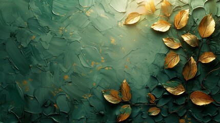 Decorative background, abstract, retro, nostalgic. Golden brushes, textured background, oil on canvas. Modern Art, floral leaves, green, gray, poster, card, mural, carpet, hanging, print. - obrazy, fototapety, plakaty