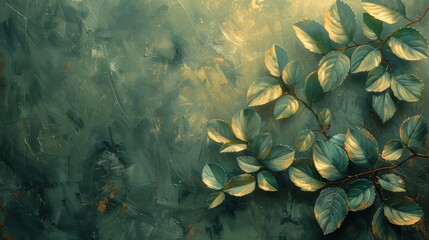 An abstract artistic background with retro, nostalgic, golden brush strokes. On a textured canvas, Oil on Canvas. Posters, cards, rugs, hangings, and art prints depicting floral leaves, green, and