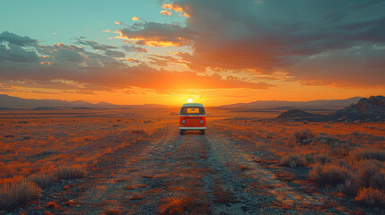 A vintage van traveling, nomadic escape alone in nature at sunset, on a desert path for a road trip towards adventure and freedom