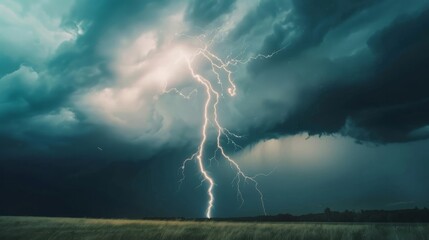 A dramatic lightning bolt striking down from a stormy sky over an open field - obrazy, fototapety, plakaty
