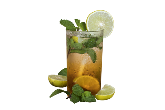 herbal drinks iced tea lemon, peppermint for health care arrangement flat lay style 