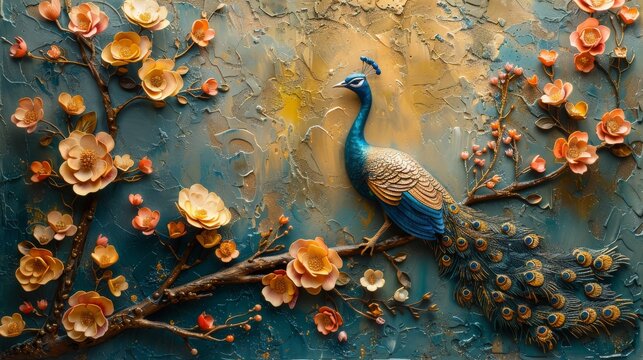 An abstract artistic background featuring floral flowers, branches, peacocks and gold elements. Painting using 3D textured materials. Ideal for wallpapers, posters, cards, murals, and prints.
