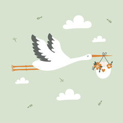 Cute stork carrying baby. Can be used for cards, flyers, posters, t-shirts. Vector - 761275856