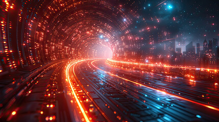 Abstract background of high speed global data transfer and super fast broadband in futuristic tech city at night