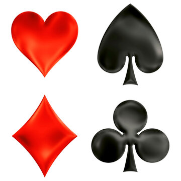 Traditional poker card signs, hearts, clubs, spades, diamonds, color graphic illustration on white bakground