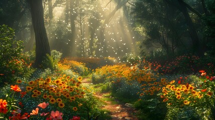 a Western-style woodland garden, with dappled sunlight filtering through the trees, meandering pathways, and native wildflowers, in breathtaking 16k ultra HD. - obrazy, fototapety, plakaty