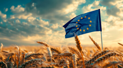EU flag amidst golden wheat field at sunset, symbolizing European agriculture policies.
