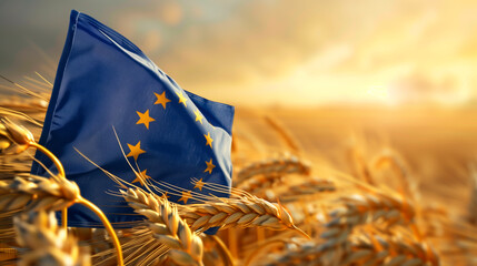 EU flag amidst golden wheat field at sunset, symbolizing European agriculture policies.
