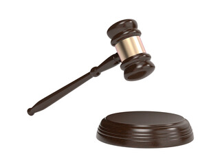 Wooden gavel and round sound block on transparent background