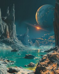 an oil painting-style image of a serene alien landscape on a distant planet complete with floating rocks and bioluminescent plants